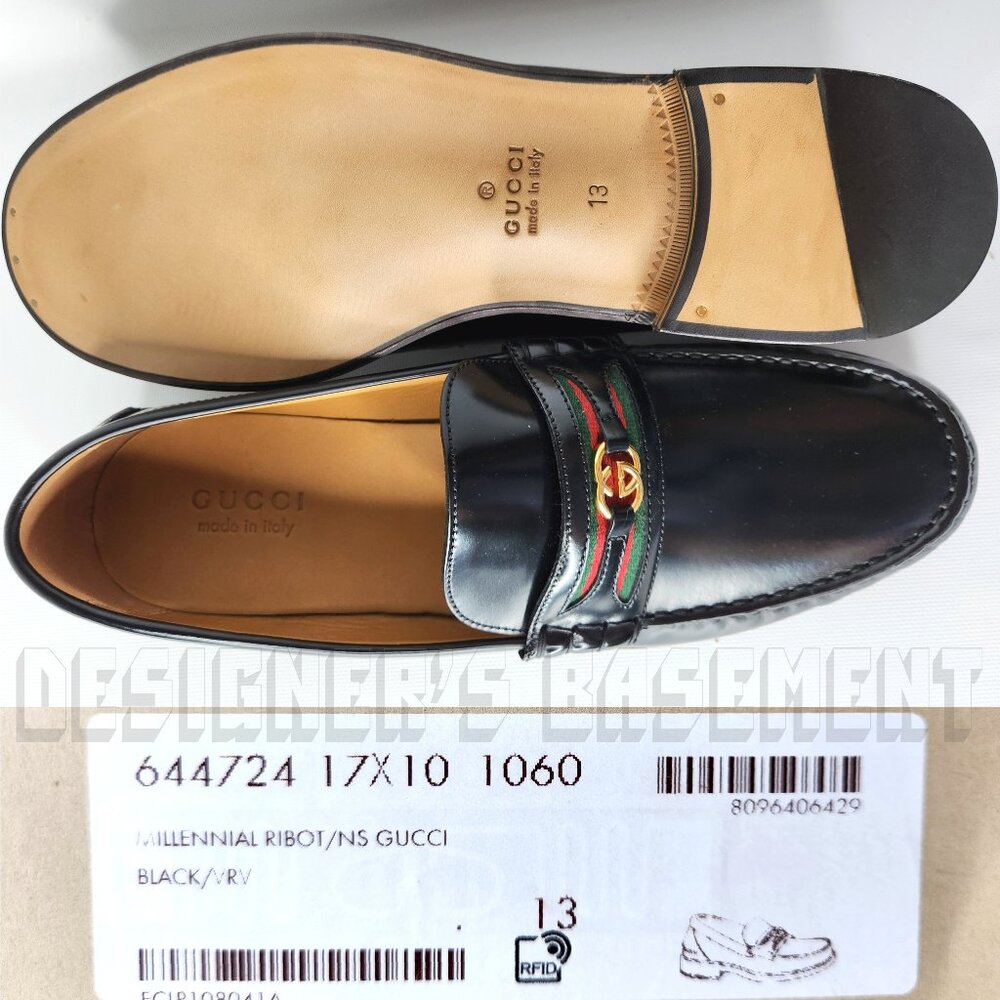Gucci 13 black KAVEH polished Leather DOUBLE G WEB detail Loafer Shoes NIB - Picture 7 of 13